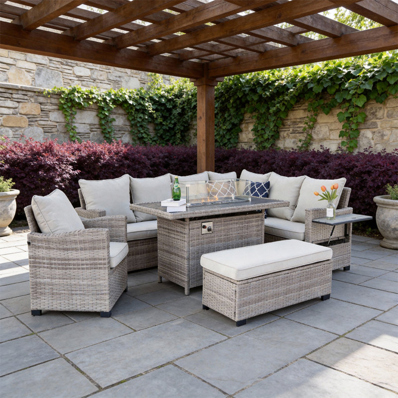 Wicker 9 - Person Garden Lounge Set with Cushions, Natural, Natural