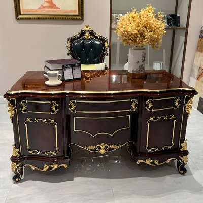 59.06"Solid Oak Carved Study Desk, Writing & Office Desk