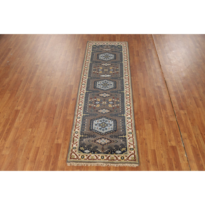 Tapis de couloir indien gris à motif géométrique traditionnel 3 x 8