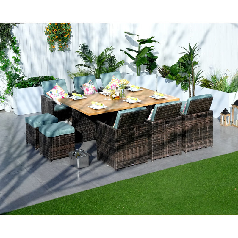 6 - Person Patio Dining Set Umbrella Hole Included Rectangular Table with Cushions Included, Celadon, Brown