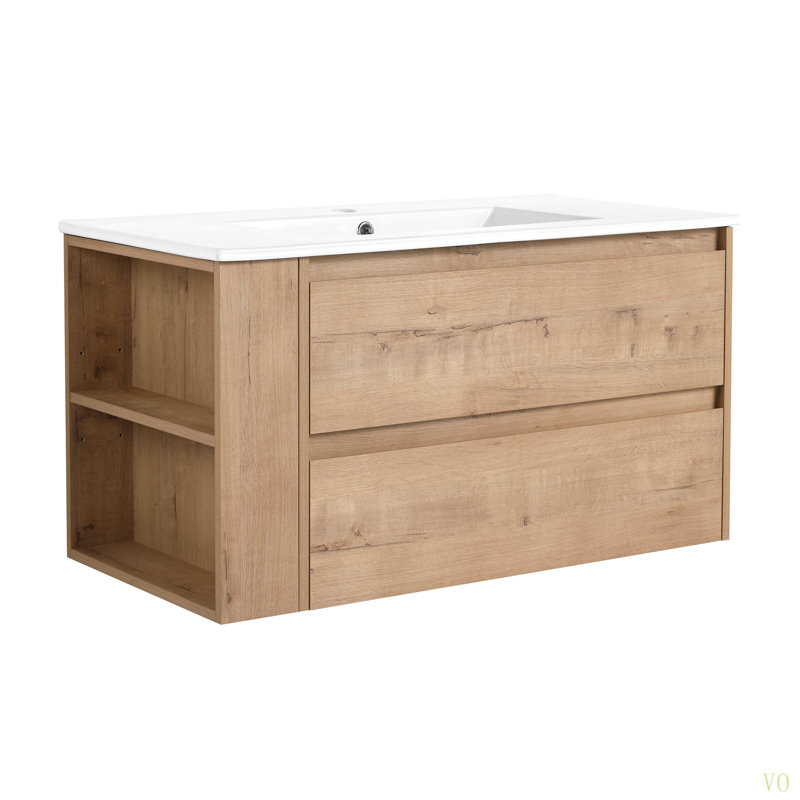 Meuble-lavabo mural 36 po avec lavabo en céramique, Imitation chêne