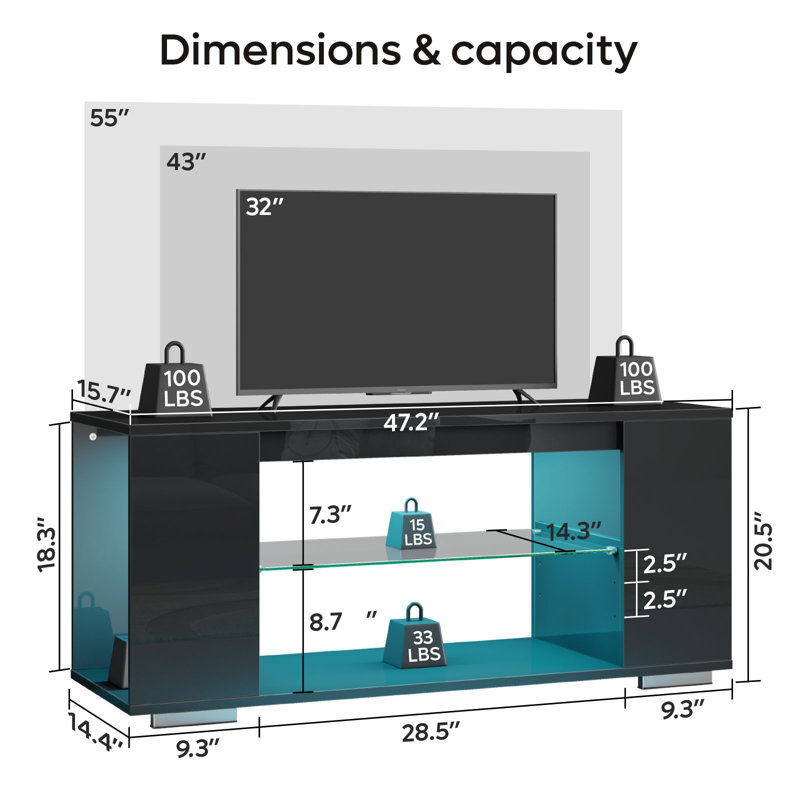 TV Stand for TVs Up to 55" High-Glossy TV Console with LED Lights and Storage, Black