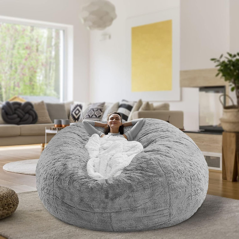 7Ft Bean Bag Chair Cover – Soft Fluffy Velvet, Round Oversized Sofa Bed Cover ( Velvet), Gray Velvet