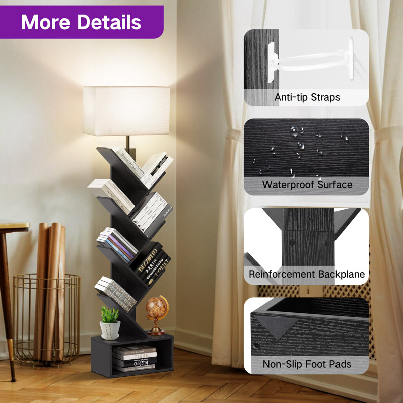 Sindel 6-Tier Tree Bookshelf With Lighting and Remote Control, Black