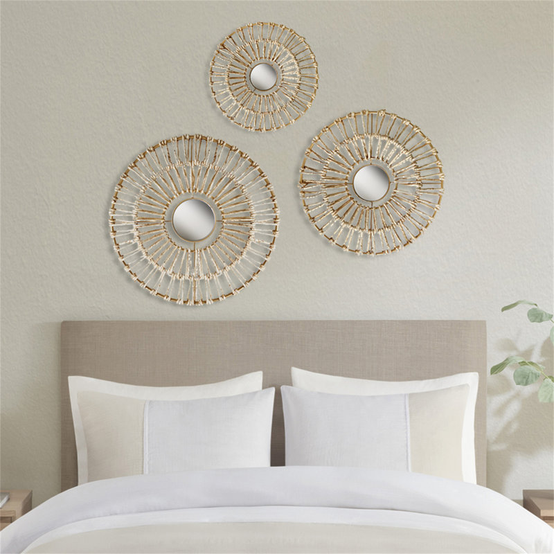 Gold Corn Husk Wrapped Round Decorative Mirror Set