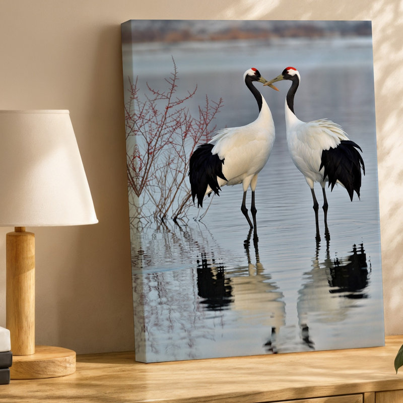 Toile, scène d'hiver sereine avec deux grues élégantes debout gracieusement, art mural en eau peu profonde, reflets sur toile
