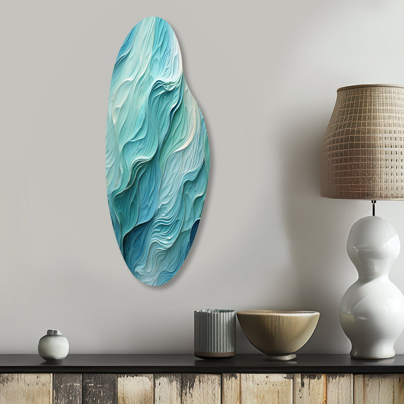 Turquoise bleu et blanc Serenity Swirl I - spirales abstraites grand art mural en métal, reproduction d'art asymétrique moderne