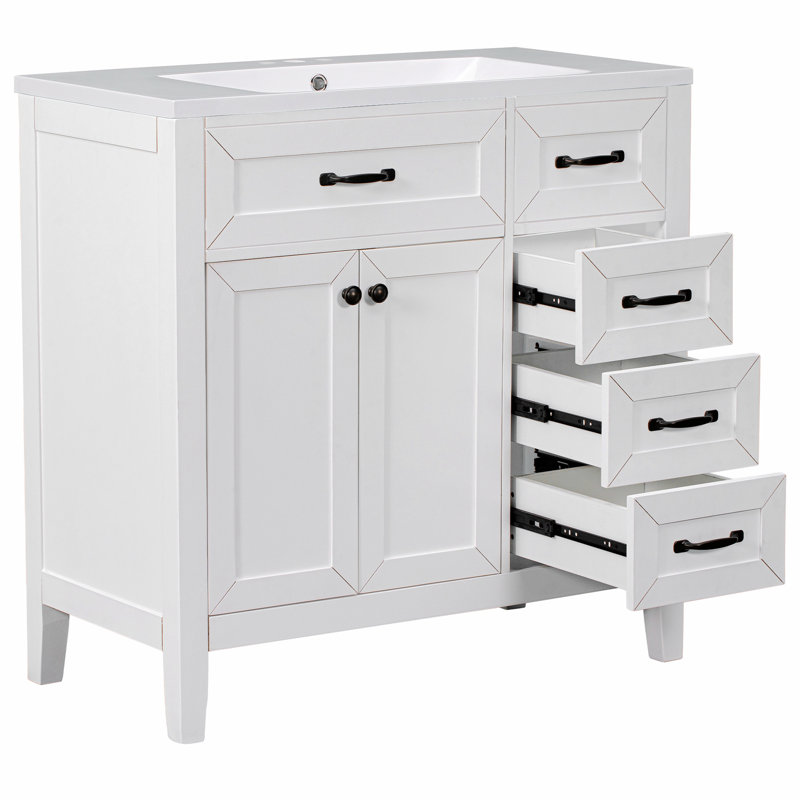 35.98'' Single Bathroom Vanity with Solid + Manufactured Wood Top, White