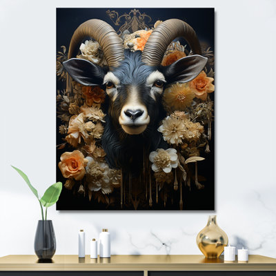 Chèvre noire, Illustration florale - Art mural animal de chèvre