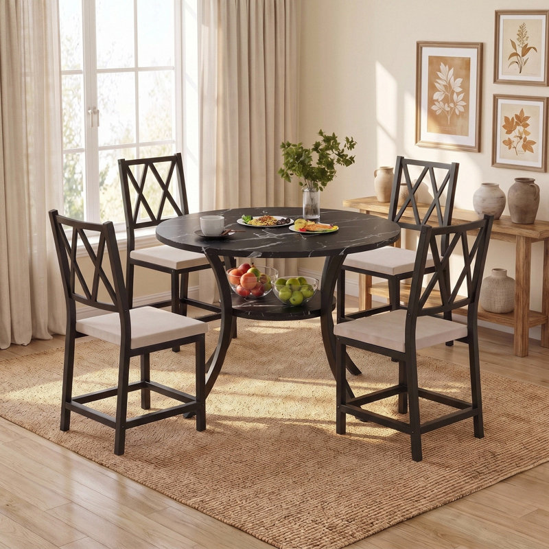 Ensemble de table de salle à manger extensible 5 pièces 35,4 po, Crème, crème, Noir, Noir