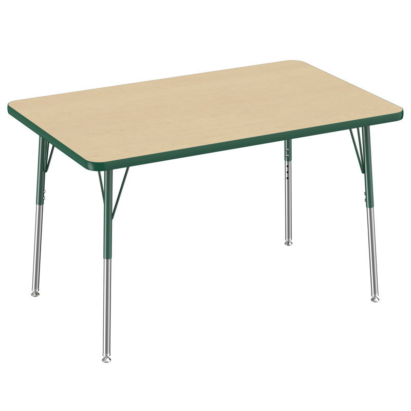 Table d'activité rectangulaire à hauteur réglable en forme de T, 24 po x 48 po, Érable / vert, Roulement pivotant standard