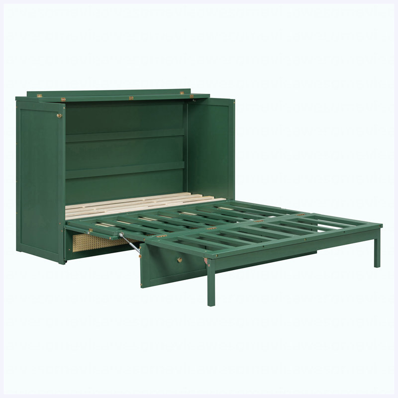 Grand lit escamotable avec grands tiroirs de rangement, conception peu encombrante, finition verte