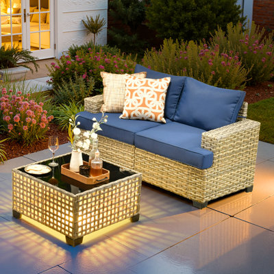 2-Person  Outdoor Sectional With Cushions And Led Coffee Table,  All-Weather Wicker Patio Set