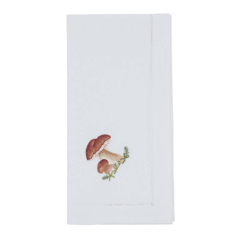 Mushroom Embroidered Cotton Decorative Napkins (Set of 6) – Hemstitch Border with Woodland Mushroom Motif, 20"x20"