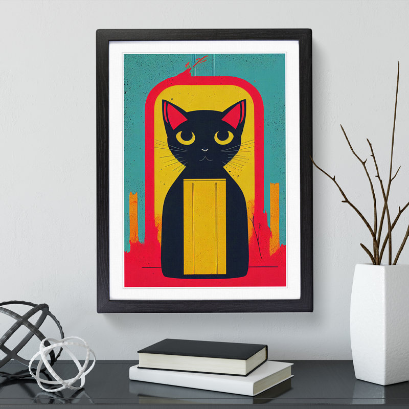 Cute Kitty Cat Abstract - Single Picture Frame Print, Black, 64cm H x 46cm W x 2cm D