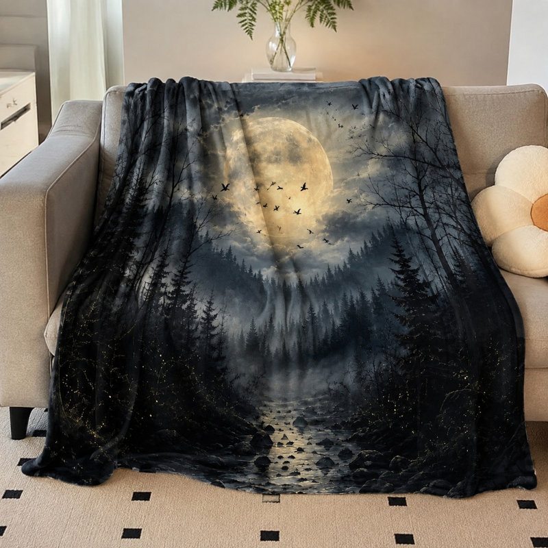 Plaid Forêt Mystique au Clair de Lune, Couverture Peluche Éthérée à Motif de Forêt pour Canapé, Lit, Décoration intérieure