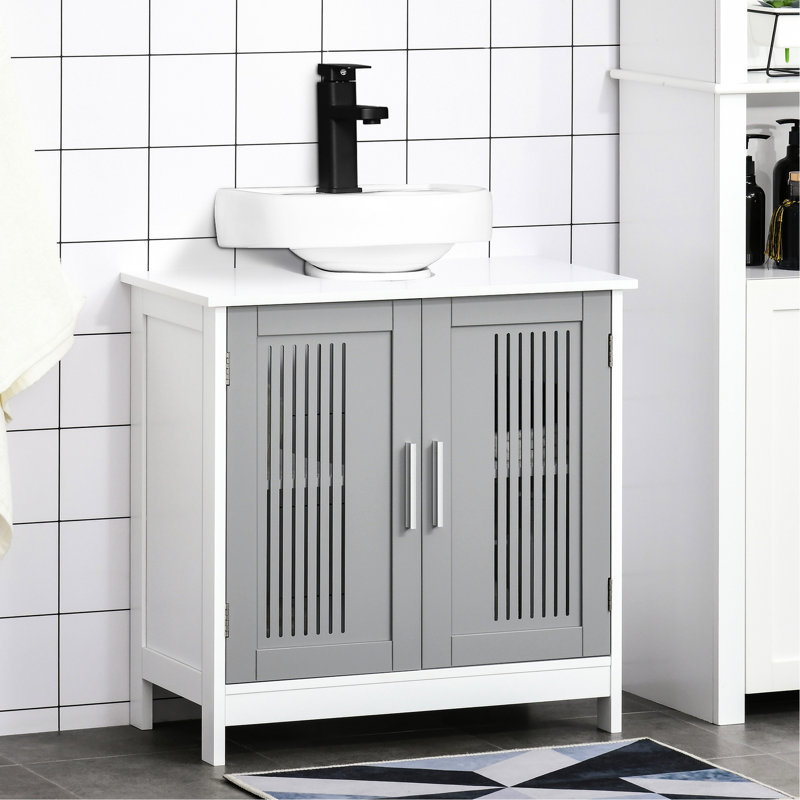 Meuble-lavabo de salle de bain sous lavabo - gris et blanc, peu encombrant, tablettes réglables, pour divers produits