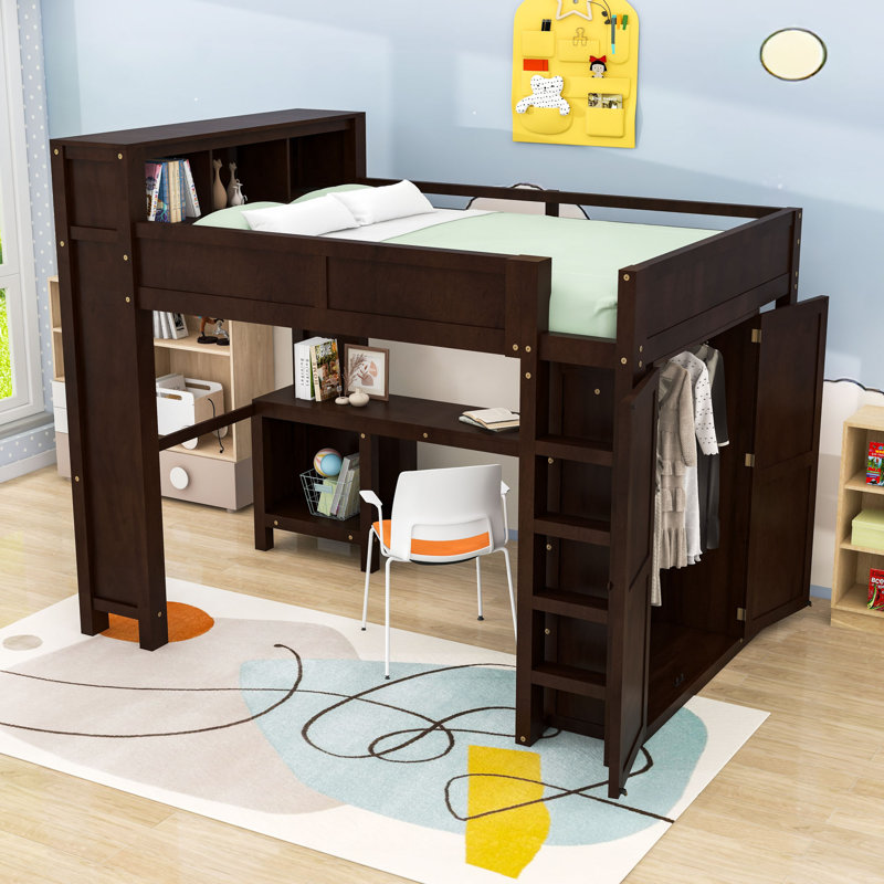 Harriet Bee Wooden Loft Bed with Wardrobe, Desk and USB - Wayfair Canada