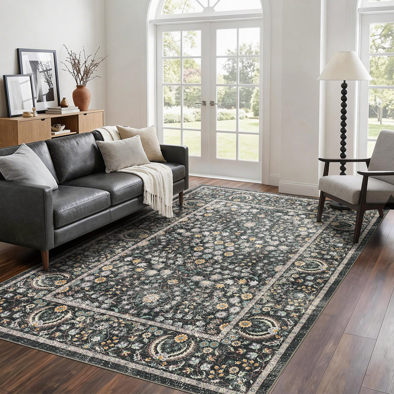 5x7ft Plush Shag Area Rug for Living Room Bedroom Kitchen Space, Washable Carpet with Printed Motif and Non-Slip TPR Backing, Soft Floor Mat for Entryway Home Decor, Charcoal