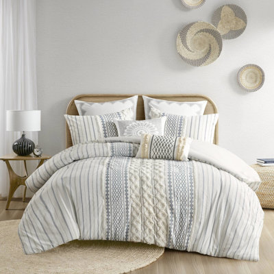 Édredon double / grand imprimé en coton - blanc / bleu marine avec 2 taies décoratives en chenille
