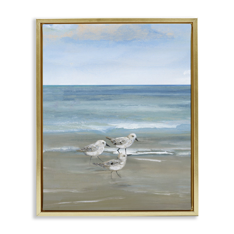 Cadre flottant Three Shorebirds & Gentle Waves, design par Nan, H 31 po x l 25 po, Cadre flottant métallique doré
