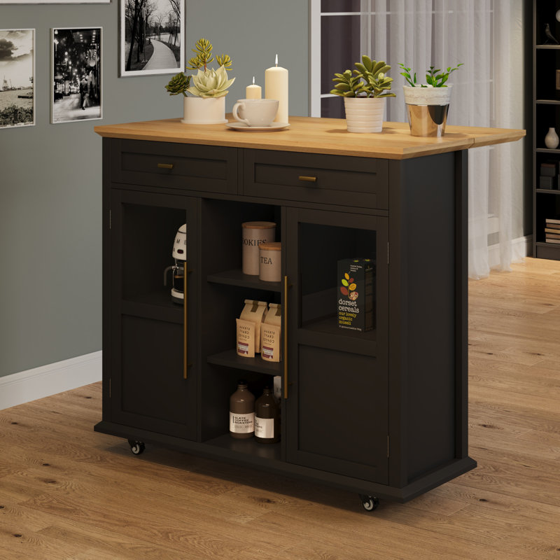 Kitchen Island Cart on Wheels with Foldable Table - 2-Tier Rolling Cart with Storage Shelf and Towel  for Kitchen Use, Black