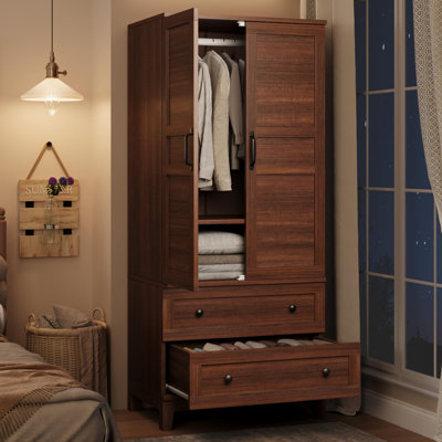 Armoire-penderie 72 po en bois avec 2 tiroirs, portes et tringle, armoire à vêtements haute avec 18 tablettes réglables pour le rangement des vêtements de chambre