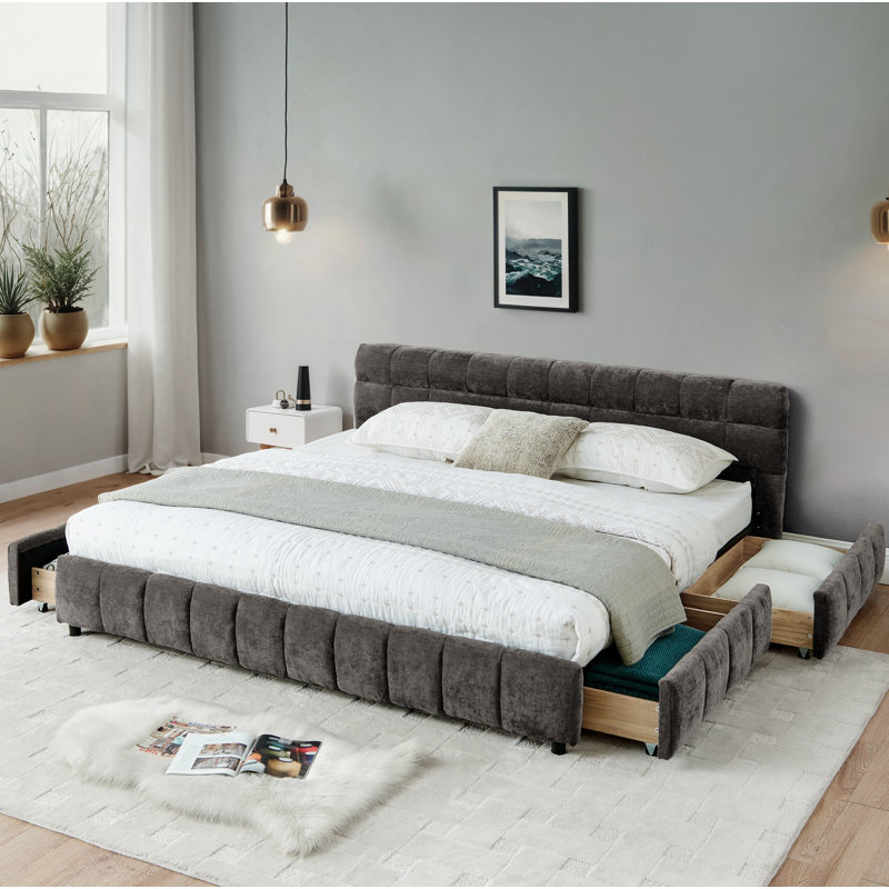 Très grand lit tapissier, base de lit rembourrée confortable, tissu chenille, avec tête de lit et base de lit solide. Avec tiroir pour le rangement