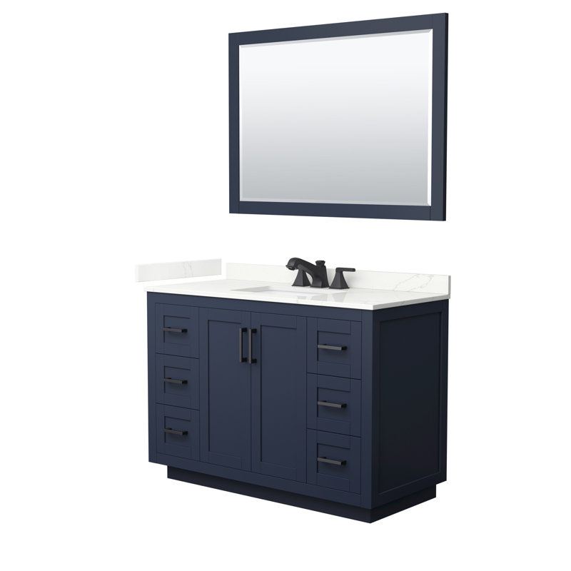 Miranda 48" Freestanding Single Bathroom Vanity with Quartz Top with 46" Mirror, Dark Blue, Giotto Quartz, Matte Black