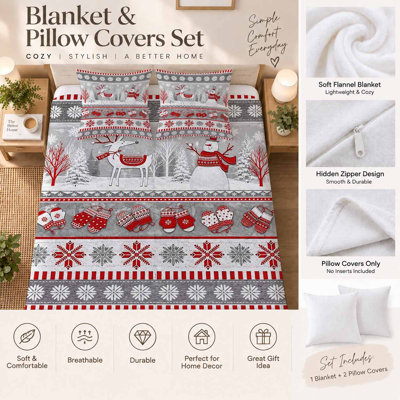 Couverture de Noël en flanelle - Plaid ultra doux et moelleux pour canapé et lit, cadeau douillet en molleton pour la famille, les amis et les adultes, 127 x 152 cm. Livrée avec deux taies d'oreiller (garnitures non comprises).