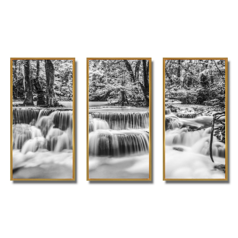 «White Erawan Waterfall - Landscape», ensemble d'art mural sur toile encadré, Or, L 48 po x H 32 po