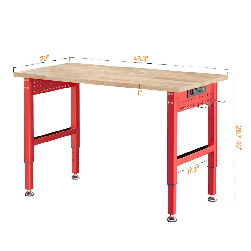  Établi robuste et réglable Alok avec prises de courant, capacité de 2 000 lb, plateau en bois d'hévéa pour garage, atelier et bureau