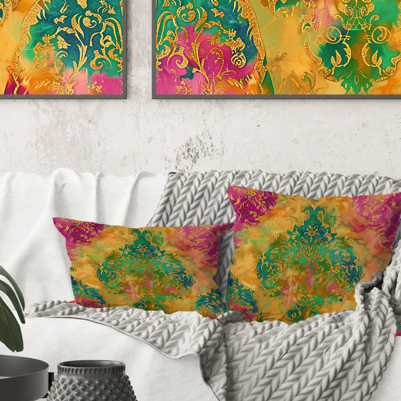 Coussin Boho III vert et jaune, H 16 po x l 16 po
