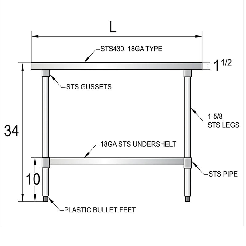 Table de travail en acier inoxydable, H 34 po x l 48 po x P 30 po