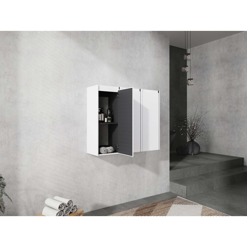 Bathroom Side Cabinet, 3-Soft Close Doors, Float Mounting Design, White/Gray