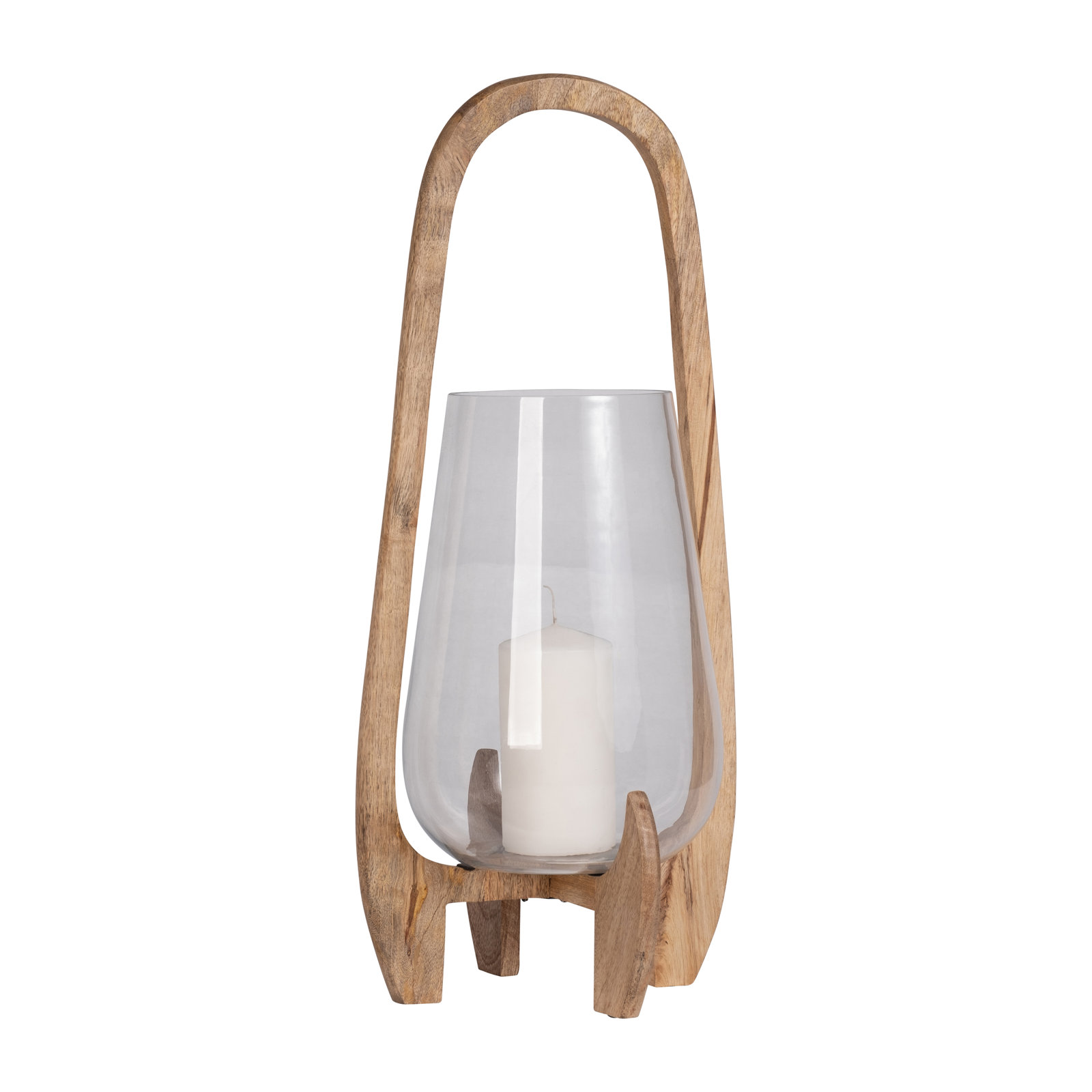 Sculpted Wood Glass Hurricane Lantern, For Decorative Use, Mango Wood and Glass, Natural, 15" H x 8" W x 8" D