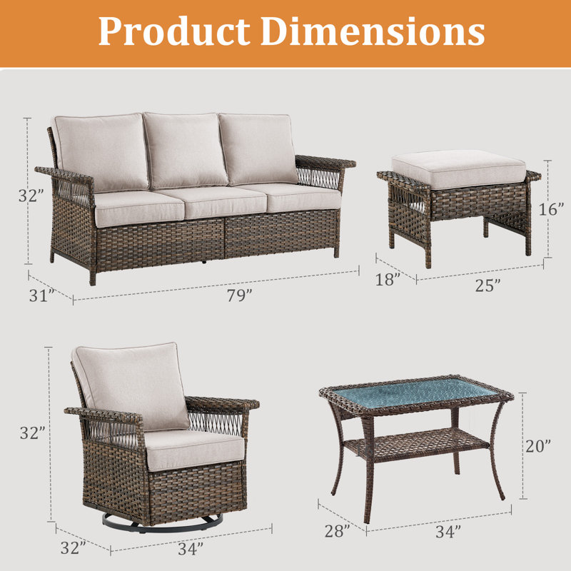 Ensemble de conversation avec canapé en rotin 6 pièces et coussins, Beige