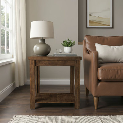 24" Farmhouse End Table with Storage Shelf, Rustic Whiskey Finish, Fully Assembled