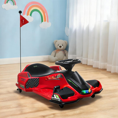 Kart électrique avec mode dérive, vitesse réglable, musique, lumières et démarrage lent, PP et acier de couleur rouge, autoportant compact pour les enfants