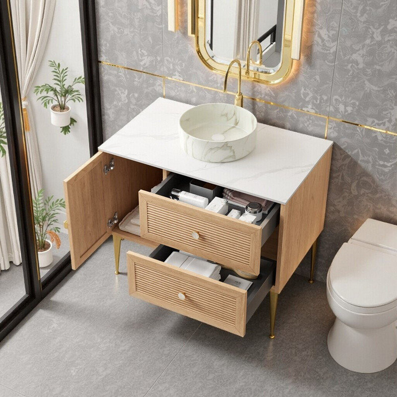 Meuble-lavabo sur pied 36 po avec lavabo, armoire en contreplaqué et 4 pieds en métal, pré-assemblé