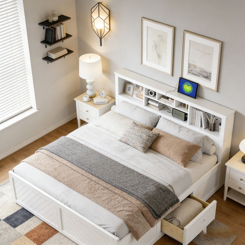 Lit plateforme très grand en bois avec tête de lit à rangement multiple, Blanc