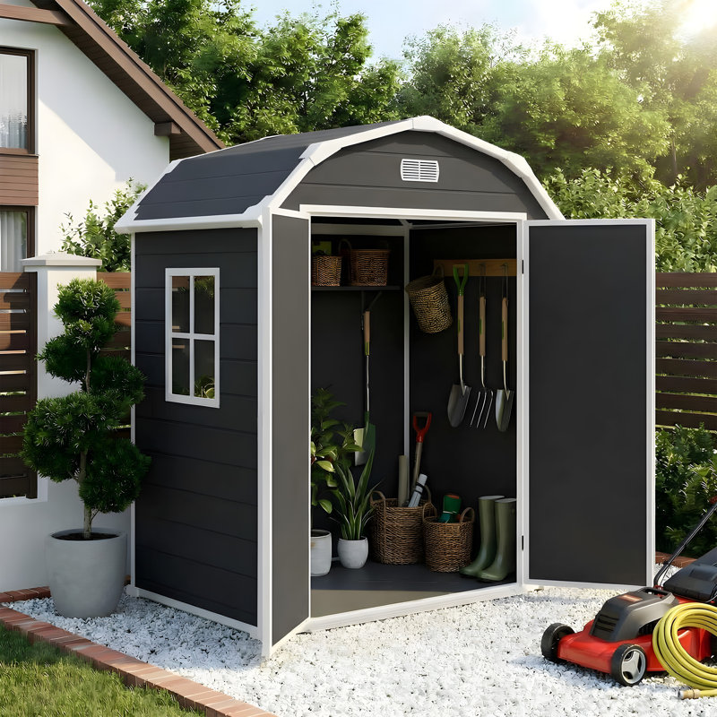 Outdoor Storage Shed Resin Garage Shed with Lockable Double Doors and Windows, Black