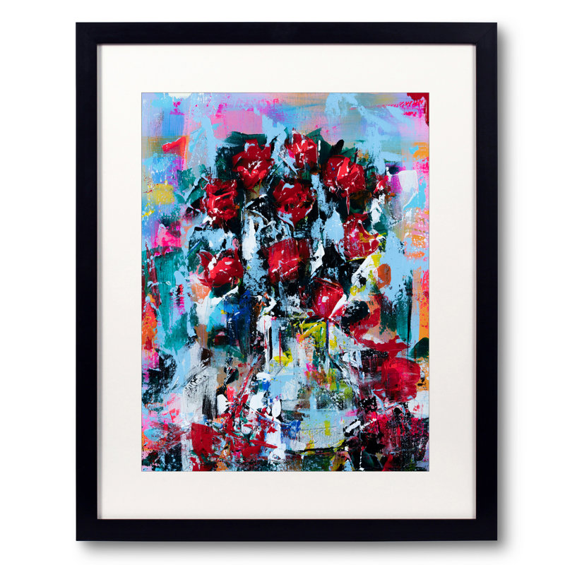 Roses In Vase Print by Jphono 1, Black Framed Paper, White, 21.25" H x 17.25" W x 0.875" D
