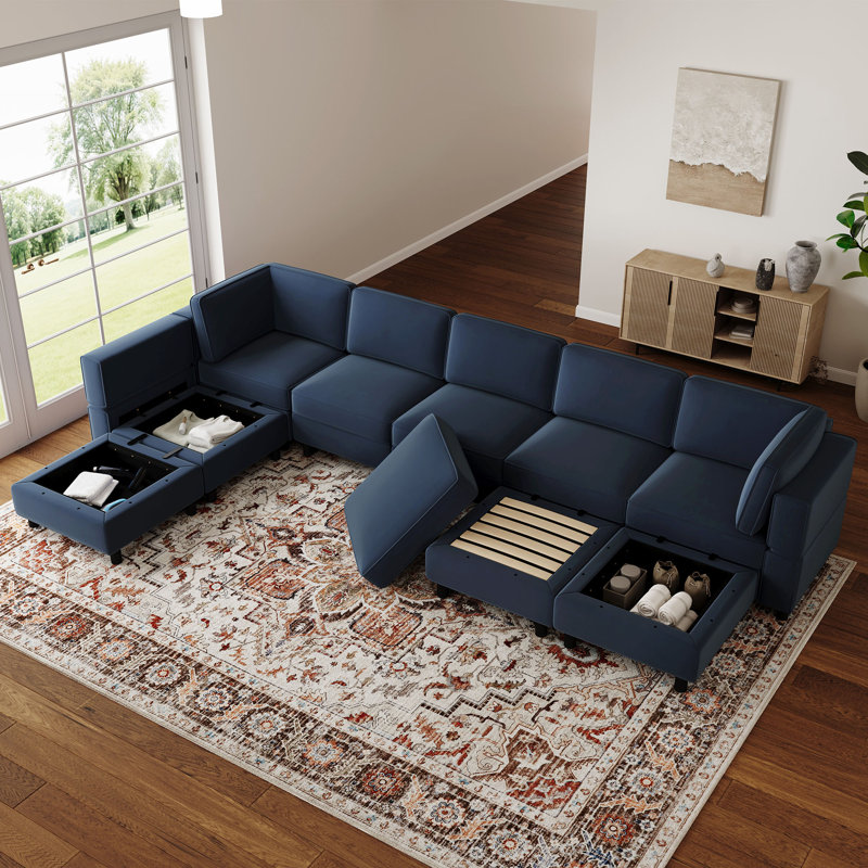 Sectional Sofa Livingroom Coner Couch With Storage Ottomans, Blue Velvet