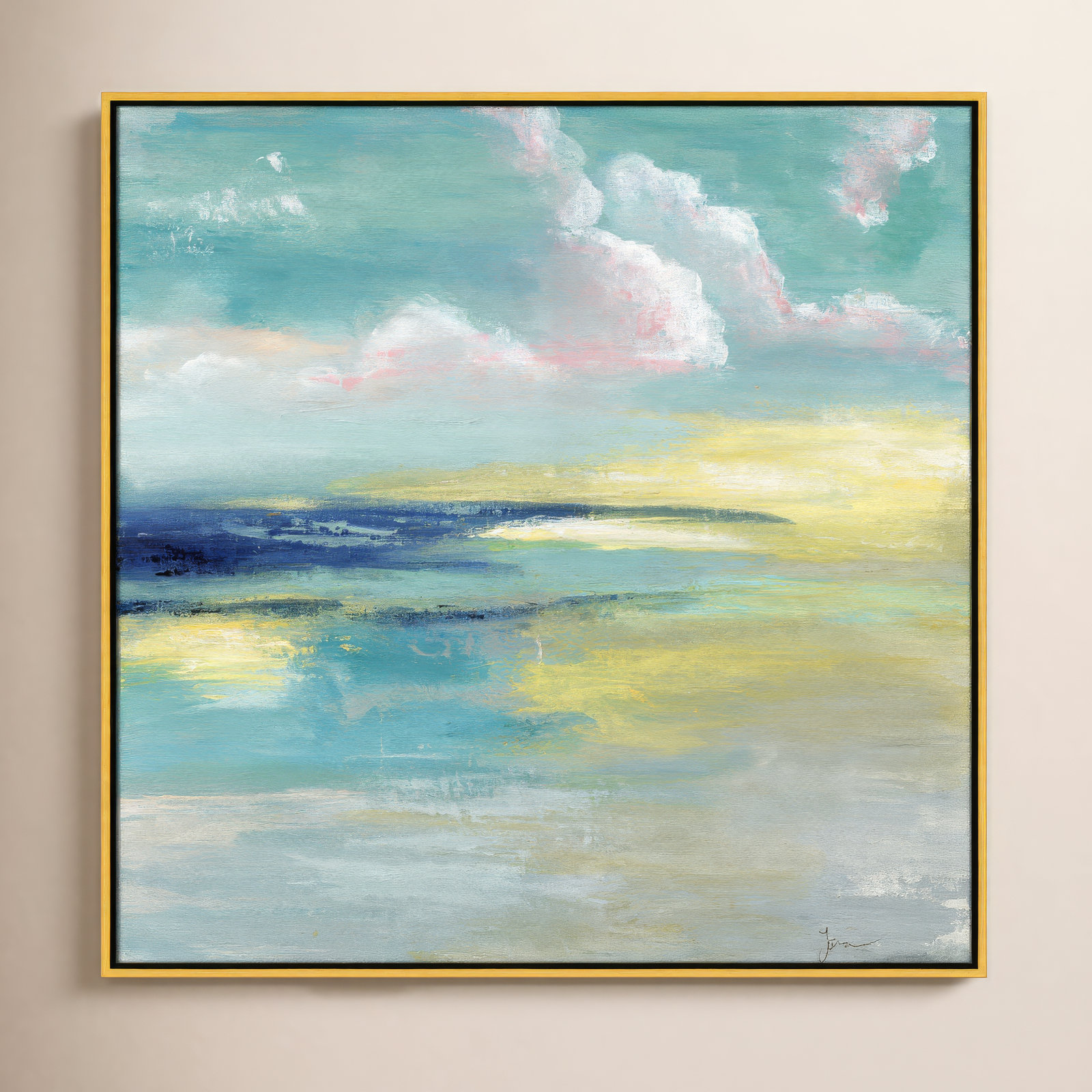 Bertie "Ocean View" Painting by Tava Studios, 37.5" H x 37.5" W x 2" D, Gold Framed Canvas