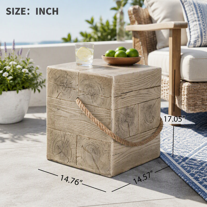 Table d'appoint carrée d'extérieur MGO aspect bois avec cordon tressé simulé, Bois de 14,57 po