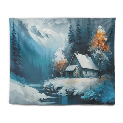 Cabane en polyester dans les bois en hiver I Tapisserie avec punaises