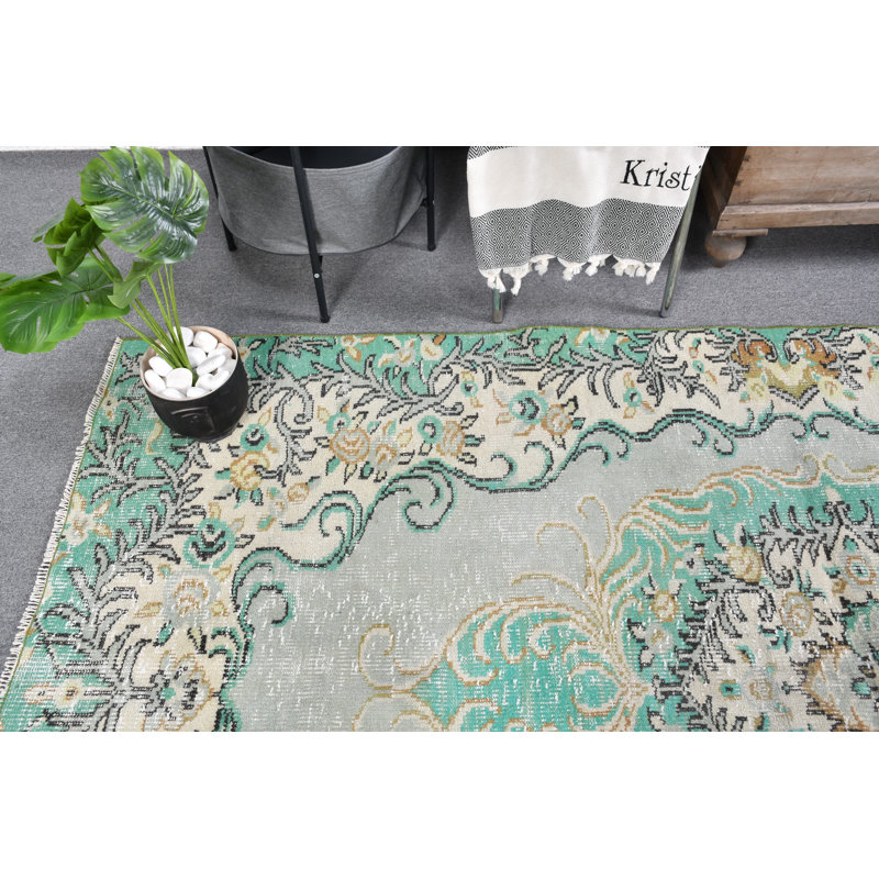 Tapis turc Oushak fait à la main avec motif floral en laine verte pour décoration intérieure classique noir / vert