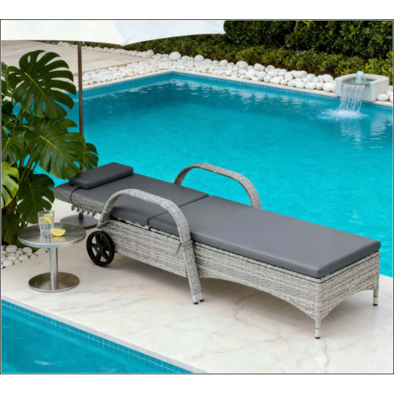 Chaise longue en rotin à dossier ajustable, chaise longue d'extérieur avec roulettes, coussin et appui-tête, Gris foncé
