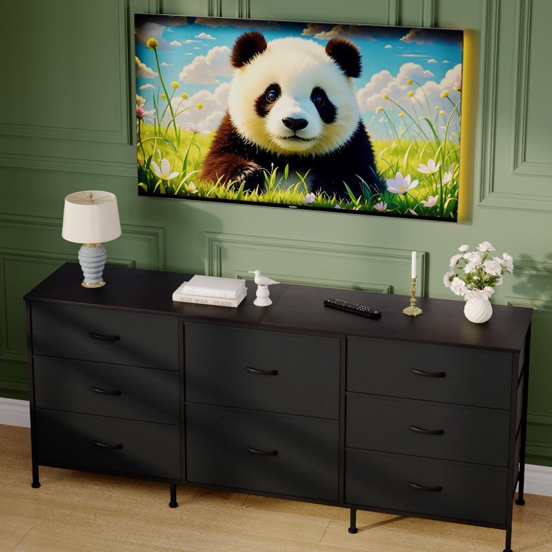 63" TV Stand Dresser with 8 Fabric Drawers for TVs up to 75", Storage Organizer with Wooden Top & Metal Frame, Black
